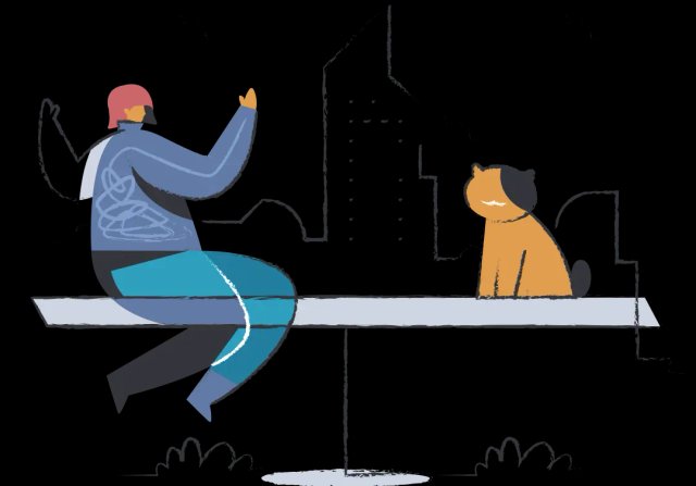 A person and their cat sitting on a seesaw in the city