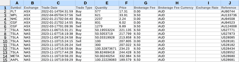 Order CSV example screenshot