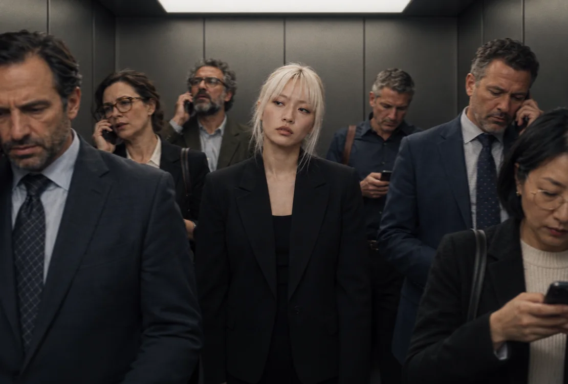 A calm young woman in a crowded lift full of stressed office workers on their phones